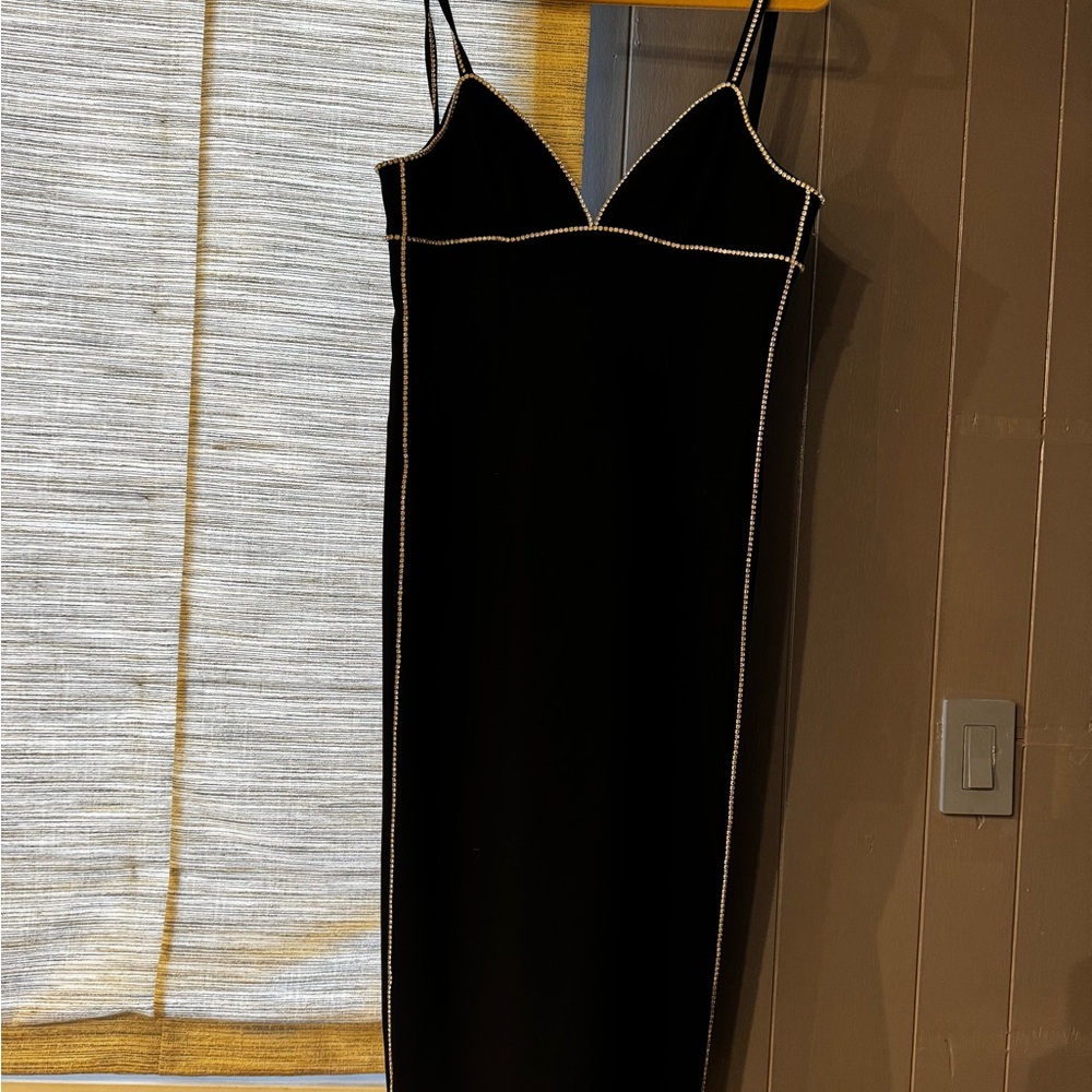 Cinq à Sept Black Midi Dress with Crystal Spaghetti Straps